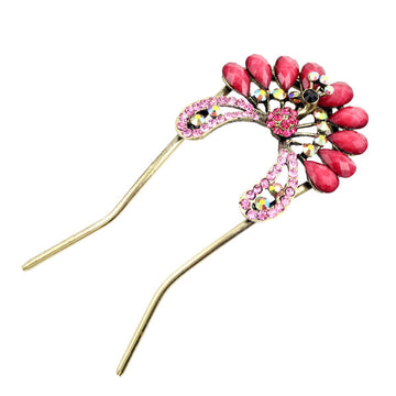 Czech Rhinestone 2-Prong Hair Stick Fork Peacock